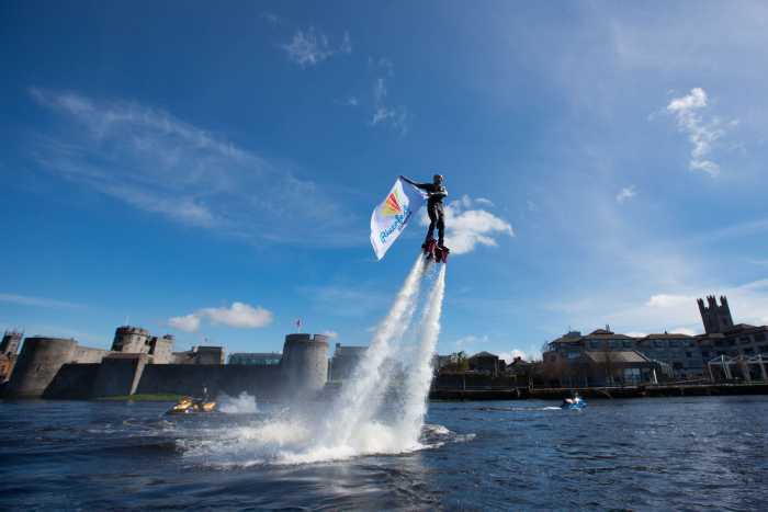 Ken O'Connell, Riverfest Flyboarder takes to the River Shannon to give spectators a glimpse of what to expect at the launch at the Curragower. Riverfest on the Shannon will feature action packed water based activities and events such as a sailing regatta, kayaking and performances from watersports stars like 2016 Ladies Flyboard champion Gemma Weston from New Zealand who will perform a number of shows for the first time in Ireland. Picture Sean Curtin FusionShooters.