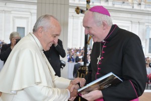 Pope Francis being presented with a book on the history of the Diocese of Limerick as he greeted Bishop Leahy today in St. Peter’s.