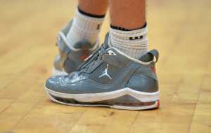 21 January 2014; A player wearing a new version of the Nike 'Air Jordan' basketball shoes. All-Ireland Schools Cup U16C Boys Final, Portmarnock, Co. Dublin v St Munchins Limerick, National Basketball Arena, Tallaght, Co. Dublin. Picture credit: Brendan Moran / SPORTSFILE
