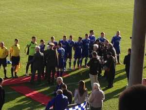 President Michael D Higgins meets the Limerick FC team prior to kick-off at the reopening of the Markets Field versus Drogheda United.