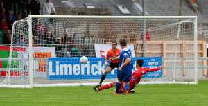 Vinny Faherty's powerful shot beats Richard Brush in the Sligo Rovers goal for Limerick fc's opener