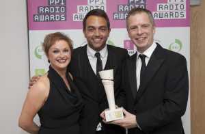 RTÉ Radio 1 have won the Music Documentary Award for “From Dancehall Days to Boogie Nights” at the PPI Radio Awards ceremony, held 09/10/15 in the Raddisson Blu Hotel and Spa, Galway. JJ Hartigan and Will Leahy (right) are pictured receiving the award from Sinead Wylde, (left), RTE Lyric FM. Pic Iain White