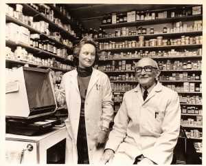 Pat Hogan (right) and his daughter Marie (left) celebrating the pharmacy’s 50th anniversary in 1990.