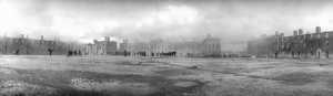 A panoramic shot of Sarsfield Barracks on fire during the Civil War in July 1922.