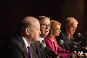 Ministers Michael Noonan, Jan O'Sullivan and Jimmy Deenihan were influential in placing Limerick as National City of Culture 2014; pictured with Culture chairman, Pat Cox, at Dance Limerick. Picture: Sean Curtin