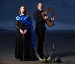 Moya Brennan with writing partner, the harpist Cormac deBarra of Barcó