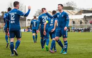 Garbhan Coughlan is congratulated by Stephen Kenny after his goal against Shelbourne. Photo credit: Conor Wyse Photography.