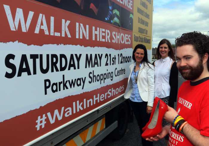 The Rape Crisis Centre walk in her Shoes Launch at the Parkway Shopping Centre. Verena Tarpey with Jane Foley and Chris Nolan at the Rape Crisis Centre walk in her Shoes Launch at the Parkway Shopping Centre which takes place on the 21th of May next. Picture Brendan Gleeson