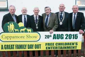 Cappamore Agricultural Show launch 12-7-2016 Richard Kennedy, Vice President of the IFA and Chairman of the Limerick Show, David Sheehan, Vice President of the ISA, Cllr Noel Gleeson, Deputy Mayor of Limerick City and County, Jimmy McCarthy, President of the Cappamore Show, Pat Corbet, Chairman of the Irish Shows Association and Paddy Ryan, Secretary of the Cappamore Show at the launch of the Cappamore Agricultural Show 2016 in Hayes' Bar, Cappamore Picture by Dave Gaynor