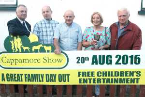 Cappamore Agricultural Show launch 12-7-2016 Professor, Gerry Boyle, Director of Teagasc, Paudie Ryan, Cappamore Show, Timmy Butler, Pets Corner, and Deirdre and John Wheeler, Pallasgreen who presented a new cup for the Horticulture Section at the launch of the Cappamore Agricultural Show 2016 in Hayes' Bar, Cappamore Picture by Dave Gaynor
