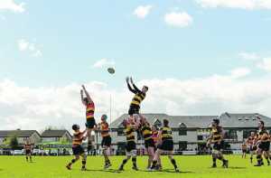 11 April 2015; Sean Duggan, Young Munster, wins possession from a lineout ahead of Brian Moylett, Lansdowne. Ulster Bank League, Division 1A, Young Munster v Lansdowne. Tom Clifford Park, Limerick. Picture credit: Diarmuid Greene / SPORTSFILE