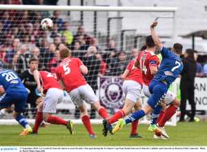 17 September 2016; Lee Lynch of Limerick shoots to score his side's first goal during the EA Sports Cup Final Match between St Patrick's Athletic and Limerick at Markets Field, Limerick.  Photo by David Maher/Sportsfile