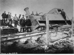 An unidentified West Clare Locomotive off the line as a result of gale force winds in the 1890s.