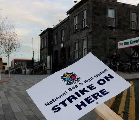 Strike placard at Colbert Station