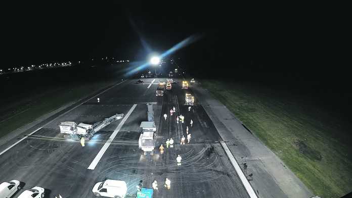 Work under way on the resurfacing of the main runway at Shannon Airport.
