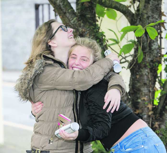 Delighted with their results friends Shannon O’Donnell, Glenbrook and Georgina O’Donnell, Kings Island celebrate outside their School Laurel Hill FCJ in Limerick. Photograph Liam Burke Press 22