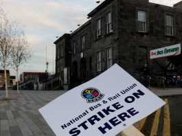 Strike placard at Colbert Station