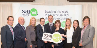 Paul Healy, chief executive, Skillnet Ireland (centre) pictured at the Up-Skilling the Mid-West seminar at Dromoland Castle with (from left): Joe Leddin, Regional Skills Mid-West; Gerard Murray, Next Level Skillnet; Linda Barron, Aviation Skillnet; Cillian Griffey, Shannon Chamber Skillnet; Grainne Walsh, ICBE Business Excellence Skillnet; Pauline O’Flanagan, Irish Medtech Skillnet; Anne Morris, Limerick Chamber Skillnet; and Dermot O’Neill, Advanced Productivity Skillnet. Photograph by Eamon Ward