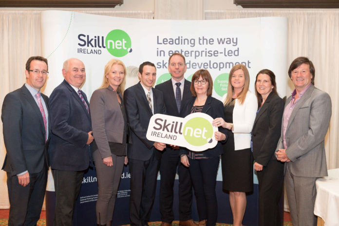 Paul Healy, chief executive, Skillnet Ireland (centre) pictured at the Up-Skilling the Mid-West seminar at Dromoland Castle with (from left): Joe Leddin, Regional Skills Mid-West; Gerard Murray, Next Level Skillnet; Linda Barron, Aviation Skillnet; Cillian Griffey, Shannon Chamber Skillnet; Grainne Walsh, ICBE Business Excellence Skillnet; Pauline O’Flanagan, Irish Medtech Skillnet; Anne Morris, Limerick Chamber Skillnet; and Dermot O’Neill, Advanced Productivity Skillnet. Photograph by Eamon Ward