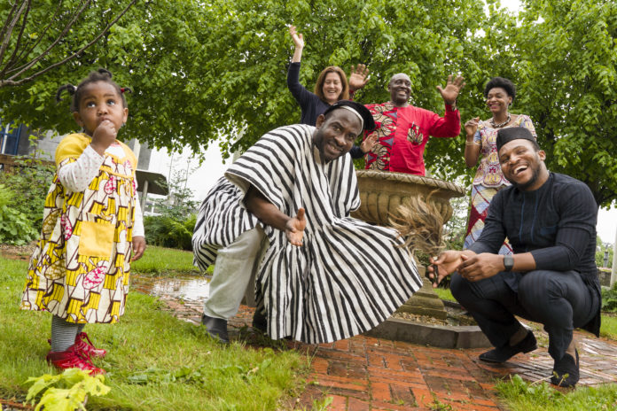 Back Row - Leonie Kerins, Doras Luimni, Jules Olivier Djiopang and Sylvanie Nono Front Row - Abigail Nono, John Njutekpor and David Idioh pictured at the Launch of Africa Day Limerick 2018 which runs until May 27th. Pic: Don Moloney limerick post newspaper