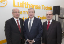 Attending the event were Stefan Drewes, Head of Aircraft Base Maintenance, Pat Breen, Minister for Trade, Business and Enterprise and Pat Shine, CEO and Managing Director of Lufthansa Technik Shannon. Photograph Liam Burke Press 22
