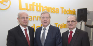 Attending the event were Stefan Drewes, Head of Aircraft Base Maintenance, Pat Breen, Minister for Trade, Business and Enterprise and Pat Shine, CEO and Managing Director of Lufthansa Technik Shannon. Photograph Liam Burke Press 22