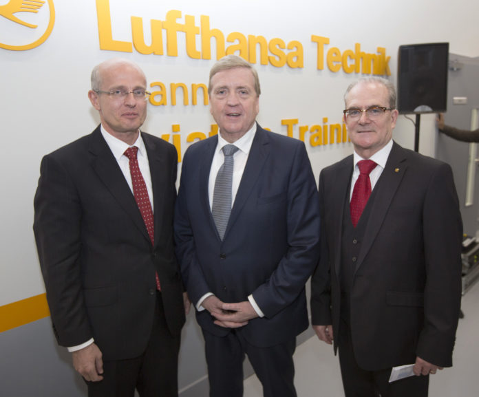 Attending the event were Stefan Drewes, Head of Aircraft Base Maintenance, Pat Breen, Minister for Trade, Business and Enterprise and Pat Shine, CEO and Managing Director of Lufthansa Technik Shannon. Photograph Liam Burke Press 22