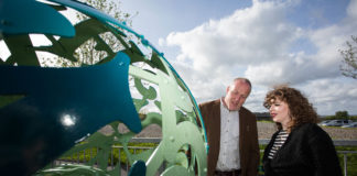 Pictured at the event were, tutor and artist blacksmith, Eric O'Neill with Jenny Gilleece who's partner Patric Salo had worked on the project before sadly passing away. Picture: Alan Place