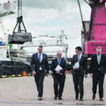 Shannon Foynes Port Company chief executive Pat Keating, Chairman Michael Collins, Minister of State Patrick O'Donovan and Mark O'Connell, W2 Consulting at the Foynes Port. Picture Cathal Noonan True Media.