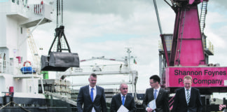 Shannon Foynes Port Company chief executive Pat Keating, Chairman Michael Collins, Minister of State Patrick O'Donovan and Mark O'Connell, W2 Consulting at the Foynes Port. Picture Cathal Noonan True Media.