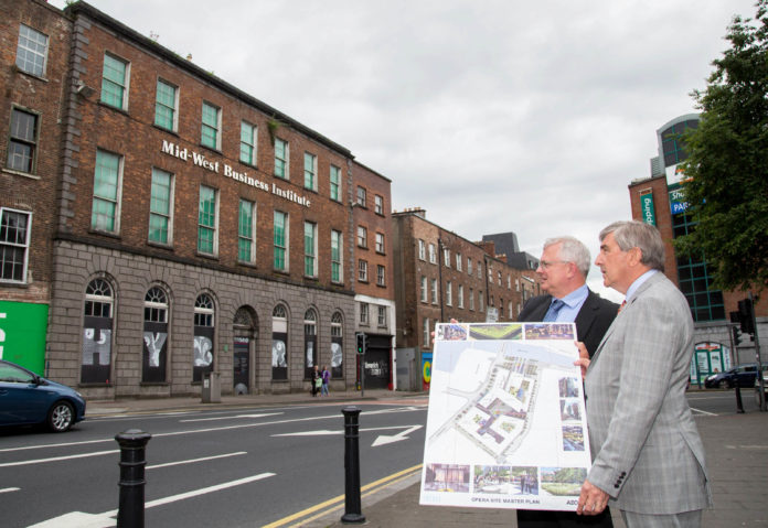LK 2030 Opera Centre 001 Limerick Twenty Thirty chief executive David Conway (left) and Chairman Denis Brosnan surveying the Opera Site. The special purpose vehicle established last year to deliver over €500m worth of investment infrastructure across four strategic sites in Limerick City will formally submit a Part 8 planning application to Limerick City and County Council this Friday to develop the hugely anticipated Opera Site.. Picture: Alan Place