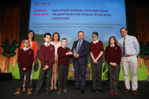 20/6/18            Pupils from Mid West School for the Hearing Impaired, Co Limerick were presented with a 'National Finalist' trophy at the national final of the prestigious Our World Irish Aid Awards held at Dublin Castle.  Picture:  Finbarr O'Rourke