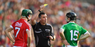 2 June 2018; Referee James Owens issues the yellow card to Mark Coleman of Cork and Graeme Mulcahy of Limerick during the Munster GAA Hurling Senior Championship Round 3 match between Cork and Limerick at Páirc Uí Chaoimh in Cork. Photo by Piaras Ó Mídheach/Sportsfile