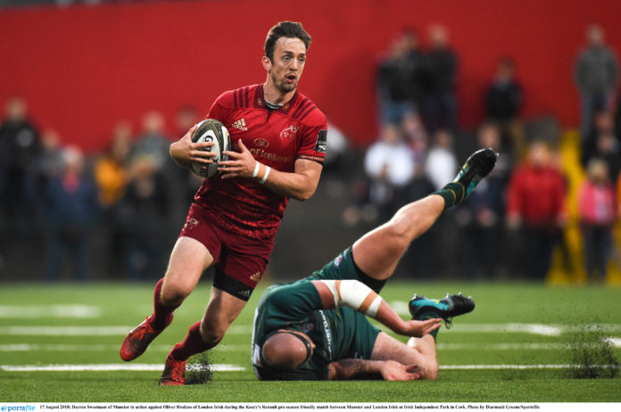 Darren Sweetnam of Munster in action against Oliver Hoskins of London Irish during the Keary's Renault pre-season friendly match between Munster and London Irish at Irish Independent Park in Cork. Photo by Diarmuid Greene/Sportsfile