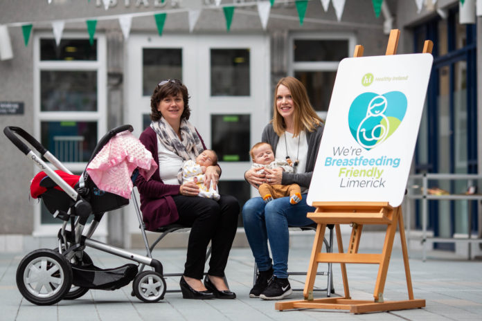 Limerick has today become Ireland's 'breastfeeding-friendly' capital thanks to the launch by Limerick City and County Council of the first of its kind in Ireland. Pictured at the launch of 'We're Breastfeeding Friendly' were, Dearbhla Conlon, Aherne, Abbeyfeale Co. Limerick and 7 week old Siun Aherne with Karen O'Donnell and 12 week old Ryan O'Donnell. Picture: Alan Place Limerick Post News Ireland Irish