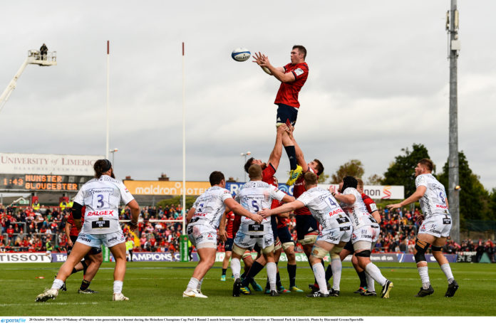 eter O'Mahony of Munster wins possession in a lineout during the Heineken Champions Cup Pool 2 Round 2 match between Munster and Gloucester at Thomond Park in Limerick. Photo by Diarmuid Greene/Sportsfile