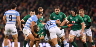 Jordan Larmour of Ireland is tackled by Agustin Creevy and Jeronimo de la Fuente of Argentina during the Guinness Series International match between Ireland and Argentina at the Aviva Stadium in Dublin. Photo by Brendan Moran/Sportsfile