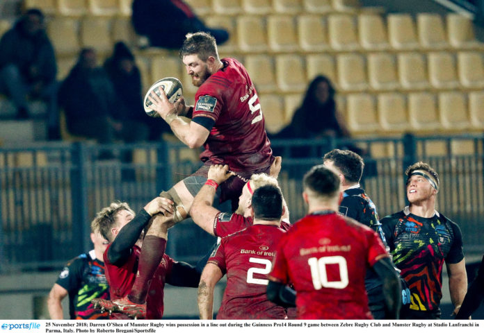 Darren OShea of Munster Rugby wins possession in a line out during the Guinness Pro14 Round 9 game between Zebre Rugby Club and Munster Rugby at Stadio Lanfranchi in Parma, Italy. Photo by Roberto Bregani/Sportsfile