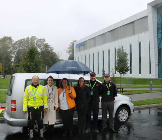 Pictured at the presentation of the keys of the Volkswagen Caddy van to Blood Bike Mid-West at the Regeneron facility in Raheen, Limerick are Richard O’Connell (Blood Bike Midwest), Elaine O’Connell, Tricia Flahive, Triona Shiels (all Regeneron), Anthony Manning and Brendan Caffrey (Blood Bike Mid-Wes