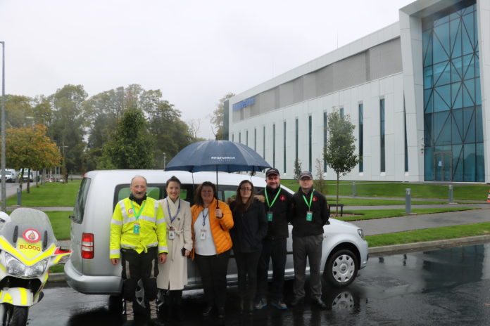 Pictured at the presentation of the keys of the Volkswagen Caddy van to Blood Bike Mid-West at the Regeneron facility in Raheen, Limerick are Richard O’Connell (Blood Bike Midwest), Elaine O’Connell, Tricia Flahive, Triona Shiels (all Regeneron), Anthony Manning and Brendan Caffrey (Blood Bike Mid-Wes