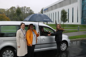 Regeneron employees Elaine O’Connell, Tricia Flahive and Triona Shiels with Anthony Manning of Blood Bike Mid-West during a test drive of the Volkswagen Caddy van donated by Regeneron to Blood Bike Mid-West. 