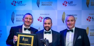 Limerick Chamber Presidents Awards in the Strand Hotel. Picture: Keith Wiseman Dermot Graham, Martin Leonard and Kevin O’Sullivan receiving the Chamber award on behalf of the Optel Group.