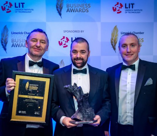 Limerick Chamber Presidents Awards in the Strand Hotel. Picture: Keith Wiseman Dermot Graham, Martin Leonard and Kevin O’Sullivan receiving the Chamber award on behalf of the Optel Group.