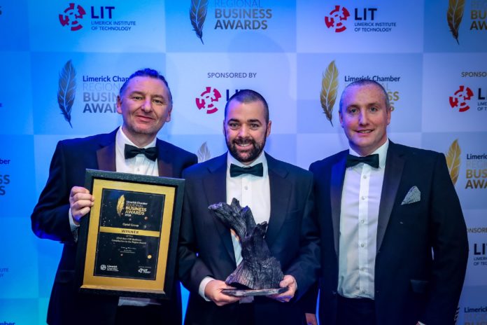 16-11-18 Limerick Chamber Presidents Awards -92 Limerick Chamber Presidents Awards in the Strand Hotel. Picture: Keith Wiseman Dermot Graham, Martin Leonard and Kevin O’Sullivan receiving the Chamber award on behalf of the Optel Group.
