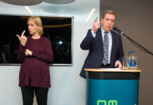Pointing the way ....... Minister of State Pat Breen with sign language interpreter Carri O'Donnell at the opening of the new AMCS headquarters in Limerick. Photo: Diarmuid Greene