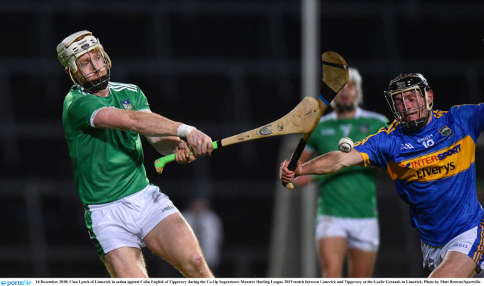 Cian Lynch of Limerick in action against Colin English of Tipperary during the Co-Op Superstores Munster Hurling League 2019 match between Limerick and Tipperary at the Gaelic Grounds in Limerick. Photo by Matt Browne/Sportsfile