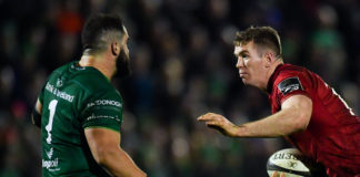 Chris Farrell of Munsterin action against Denis Buckley of Connacht during the Guinness PRO14 Round 13 match between Connacht and Munster at the Sportsground in Galway. Photo by Piaras Ó Mídheach/Sportsfile