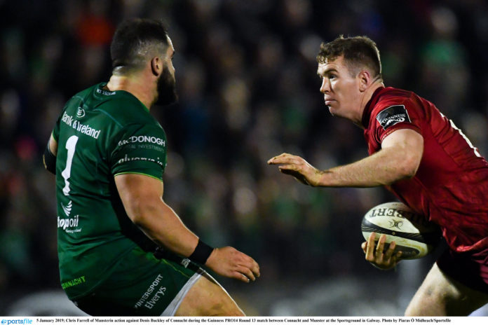 Chris Farrell of Munsterin action against Denis Buckley of Connacht during the Guinness PRO14 Round 13 match between Connacht and Munster at the Sportsground in Galway. Photo by Piaras Ó Mídheach/Sportsfile