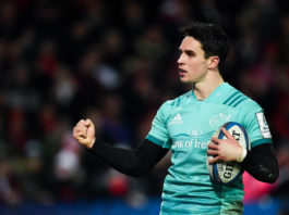 Joey Carbery of Munster celebrates after scoring his side's fifth try during the Heineken Champions Cup Pool 2 Round 5 match between Gloucester and Munster at Kingsholm Stadium in Gloucester, England. Photo by Seb Daly/Sportsfile
