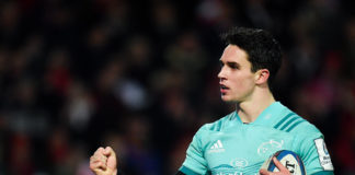 Joey Carbery of Munster celebrates after scoring his side's fifth try during the Heineken Champions Cup Pool 2 Round 5 match between Gloucester and Munster at Kingsholm Stadium in Gloucester, England. Photo by Seb Daly/Sportsfile